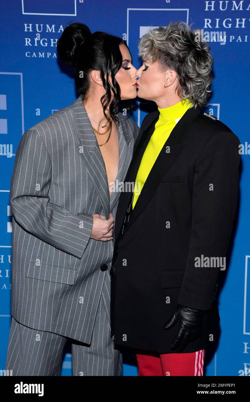 L-R) Ashlyn Harris and Ali Krieger attend the Human Rights Campaign Greater  NY Dinner at the New York Marriott Marquis in New York, New York on Feb. 4,  2023. (Photo by Gabriele