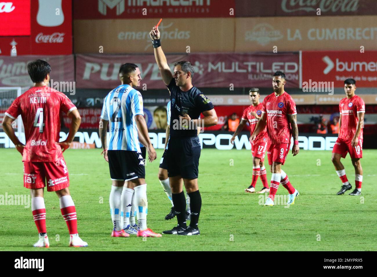 Buenos Aires, Argentina, 4th Feb 2023, Fernando Echenique shows the red card to Juan Caceres of Racing Club during a match for the 2nd round of Argentina´s Liga Profesional de Fútbol Binance Cup at Diego Maradona Stadium (Photo: Néstor J. Beremblum) Credit: Néstor J. Beremblum/Alamy Live News Stock Photo