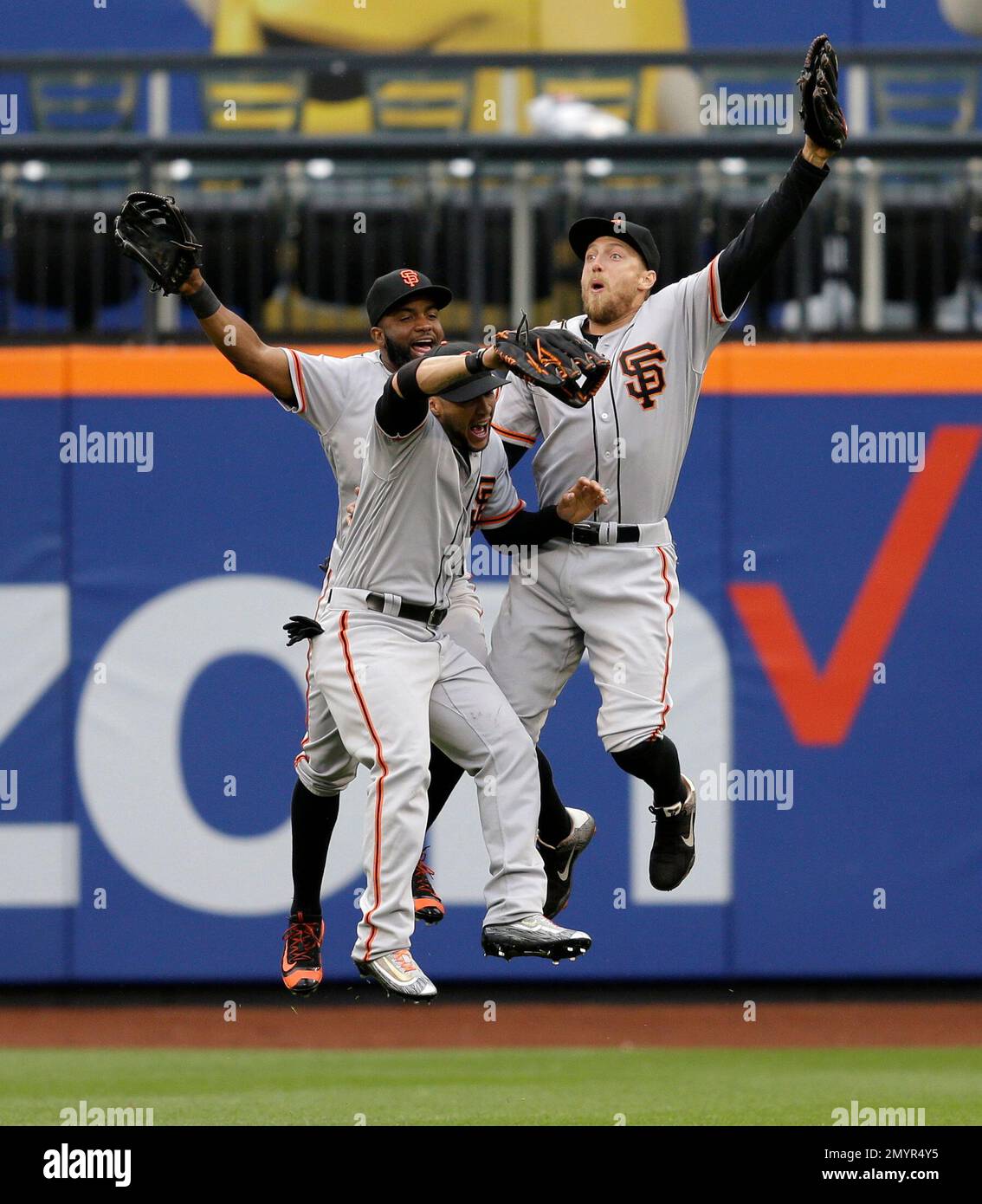San Francisco Giants' outfielders Hunter Pence, right, Angel Pagan