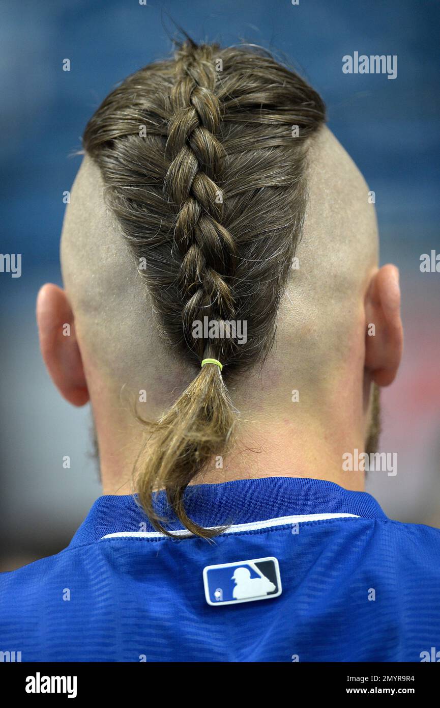 Toronto Blue Jays third baseman Josh Donaldson sports a braided Mohawk  hairstyle during batting practice before a baseball game against the Tampa  Bay Rays in St. Petersburg, Fla., Saturday, April 30, 2016. (