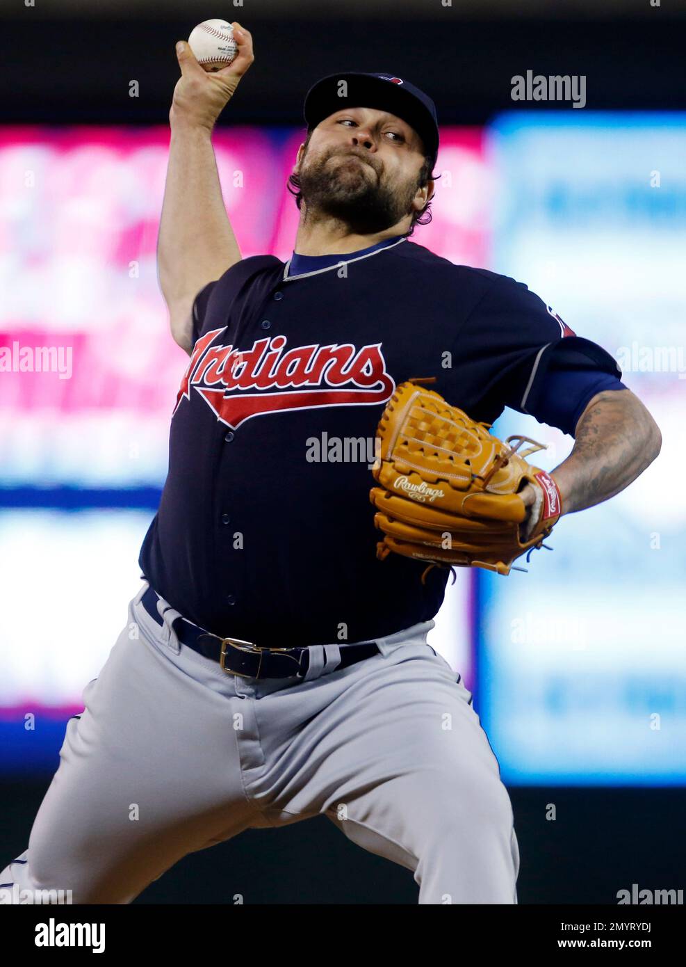 Cleveland Indians relief pitcher Joba Chamberlain throws against the  Minnesota Twins in a baseball game Monday, April 25, 2016, in Minneapolis.  (AP Photo/Jim Mone Stock Photo - Alamy