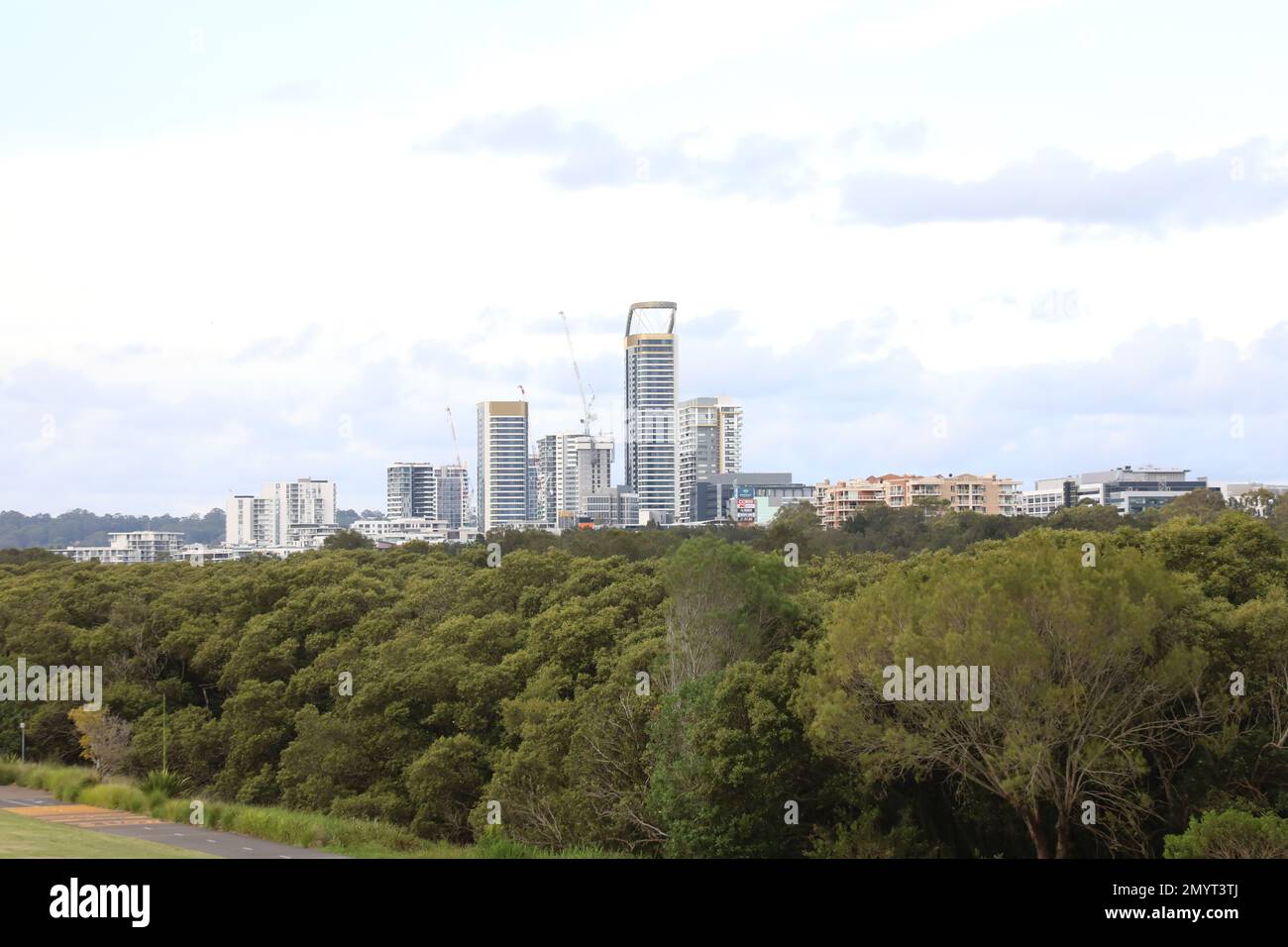 View towards the skyline at Rhodes from Sydney Olympic Park. Stock Photo