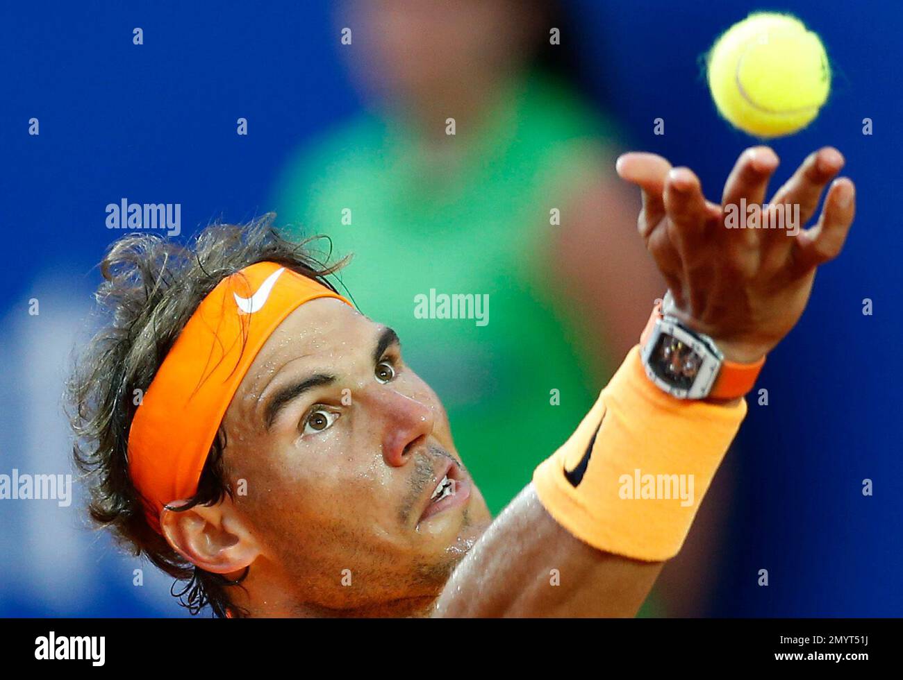 Spain's Rafael Nadal launches a ball to returning it to Japan's Kei  Nishikori during the Barcelona Open tennis tournament final in Barcelona,  Spain, Sunday, April 24, 2016. (AP Photo/Manu Fernandez Stock Photo -