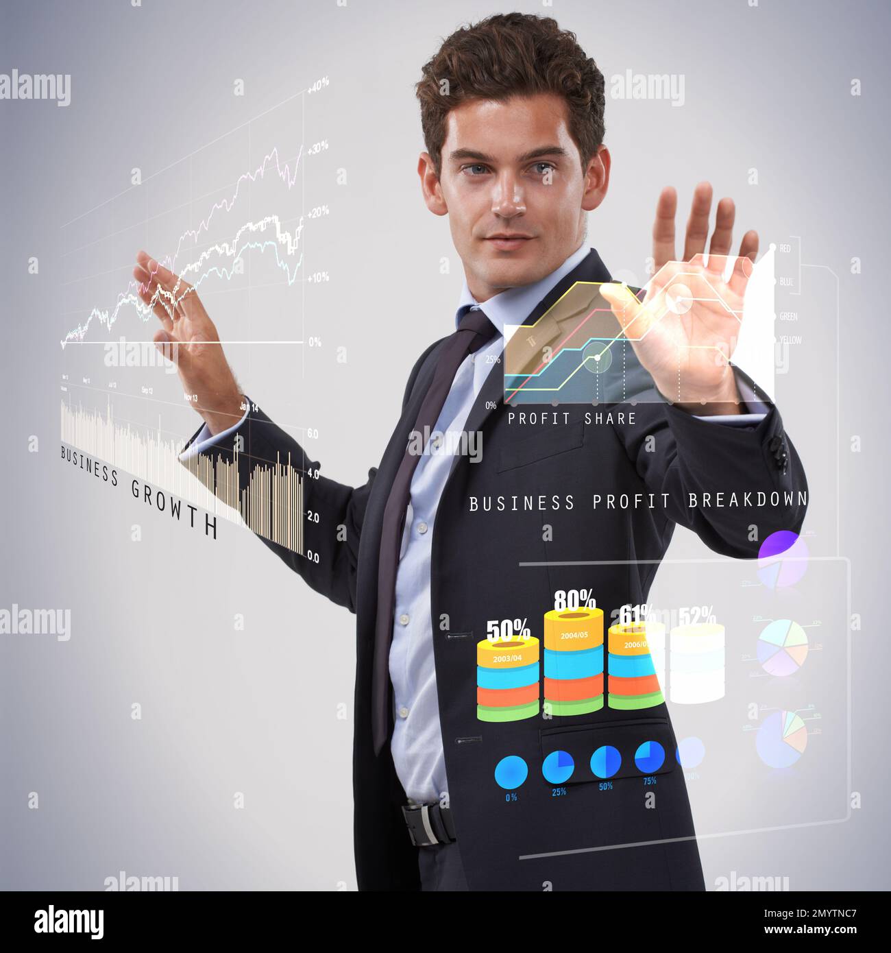 Managing your finances digitally. a thoughtful-looking businessman using a digital interface to analyze data. Stock Photo