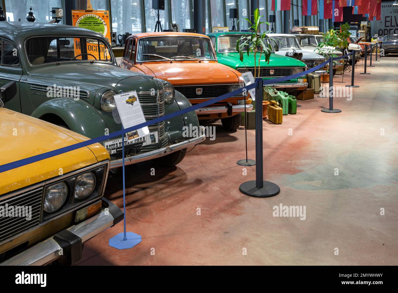 ZELENOGORSK, RUSSIA - JANUARY 27, 2021: Exhibition of Soviet cars Moskvich in the museum of retro cars 'Horsepower' Stock Photo