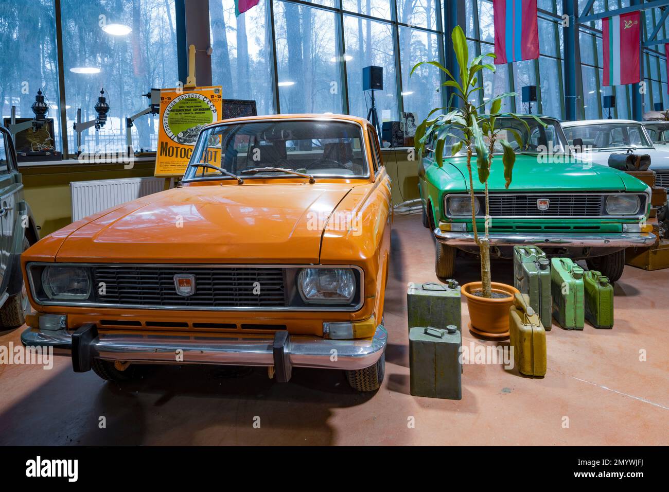 ZELENOGORSK, RUSSIA - JANUARY 27, 2023: Two Moskvich-2140 in the Horsepower retro car museum Stock Photo