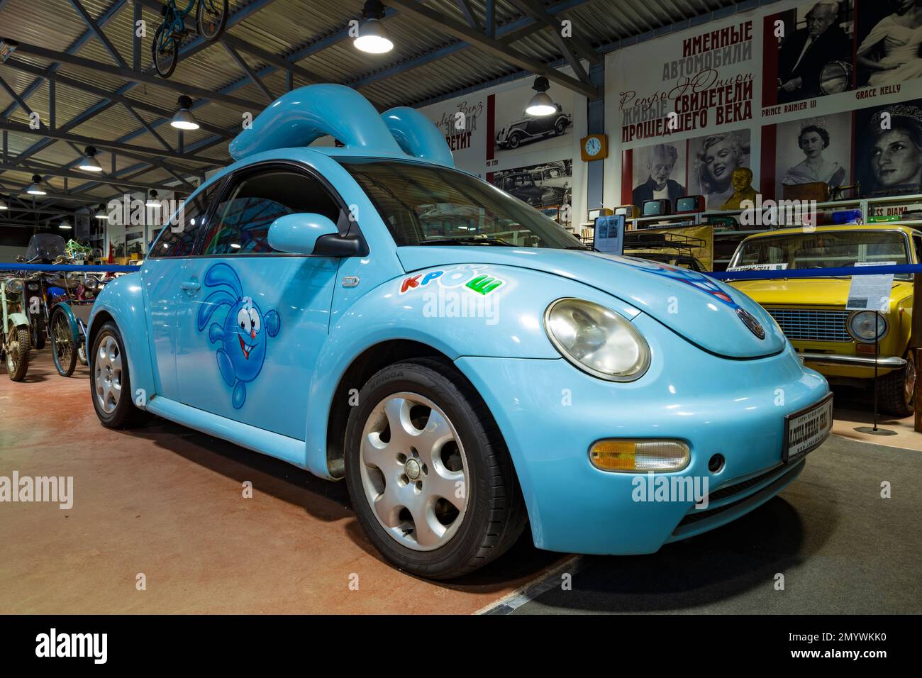 ZELENOGORSK, RUSSIA - JANUARY 27, 2023: Volkswagen New Beetle car in the form of a Krosh rabbit (Smeshariki cartoon series) close-up. Museum of retro Stock Photo