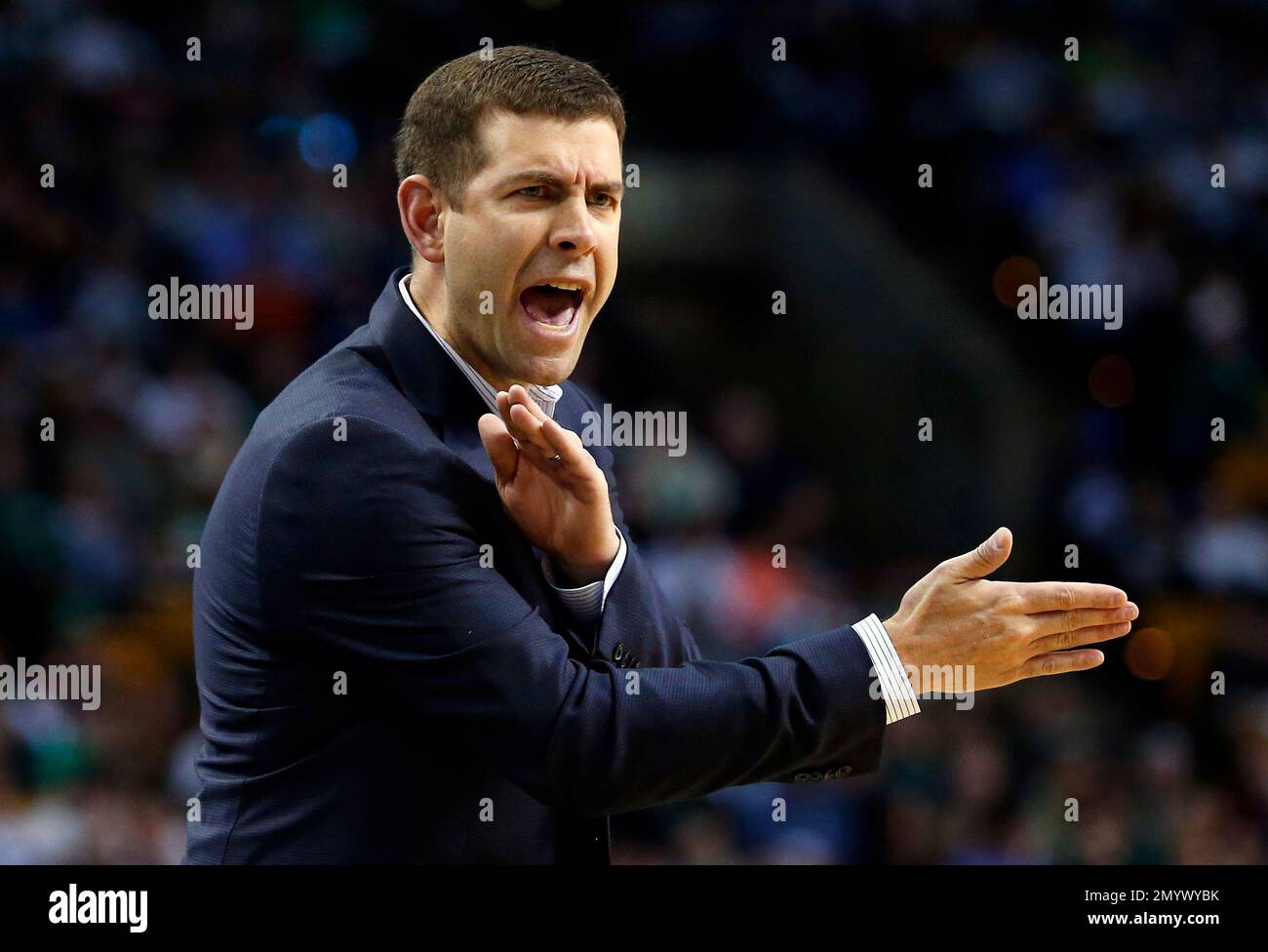 Boston Celtics head coach Brad Stevens yells at a referee during the