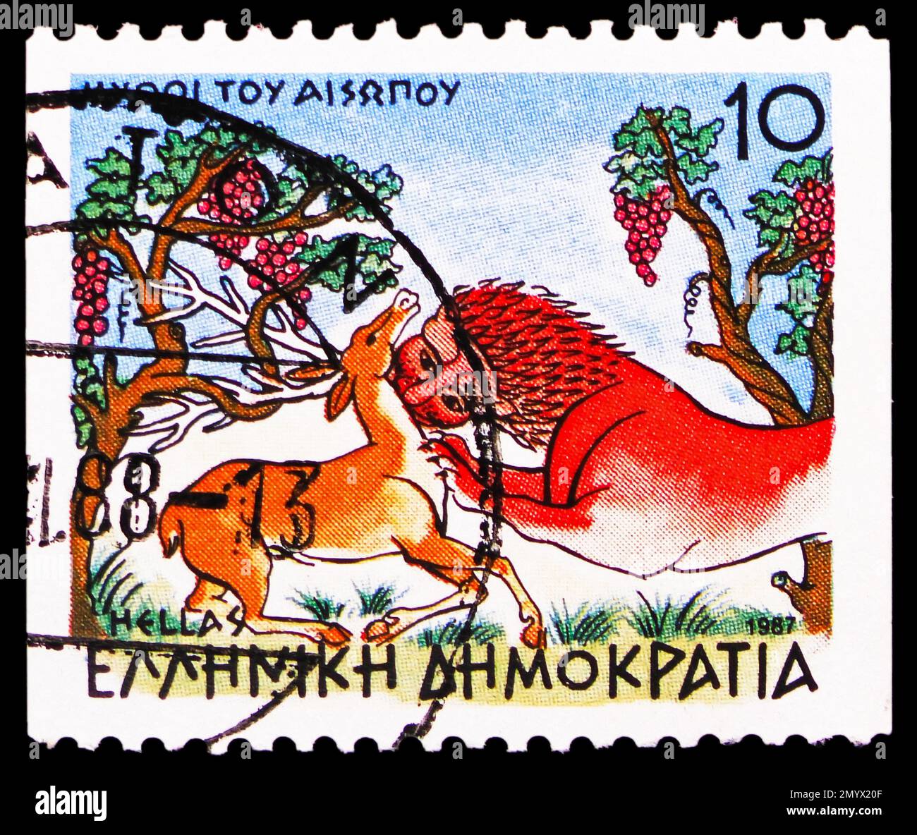 MOSCOW, RUSSIA - FEBRUARY 2, 2023: Postage stamp printed in Greece shows Aesop's Fables - The Stag and the Lion, Fables and Legends serie, circa 1987 Stock Photo