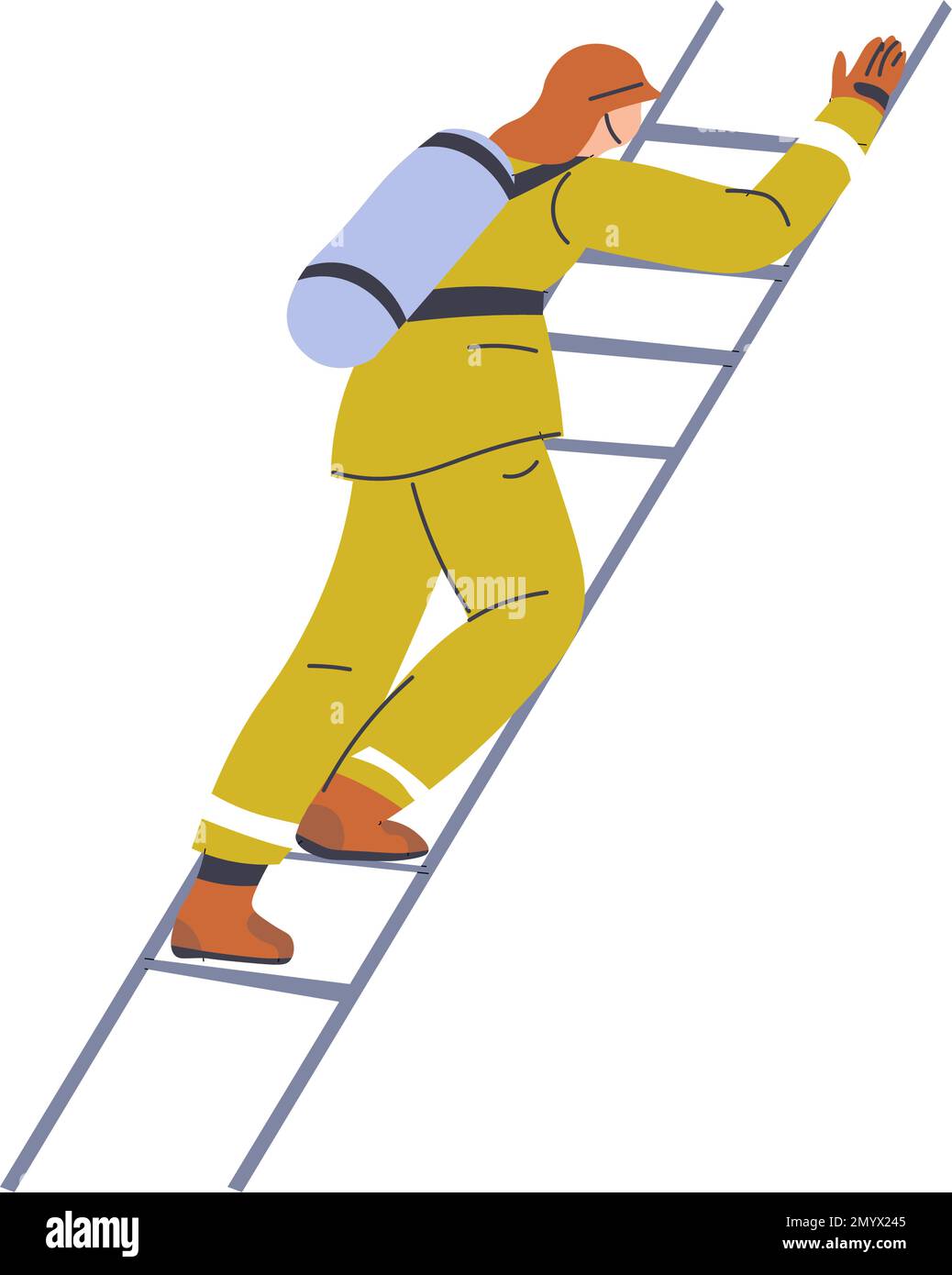 Fireman climbing on ladder, firefighter at work Stock Vector Image ...