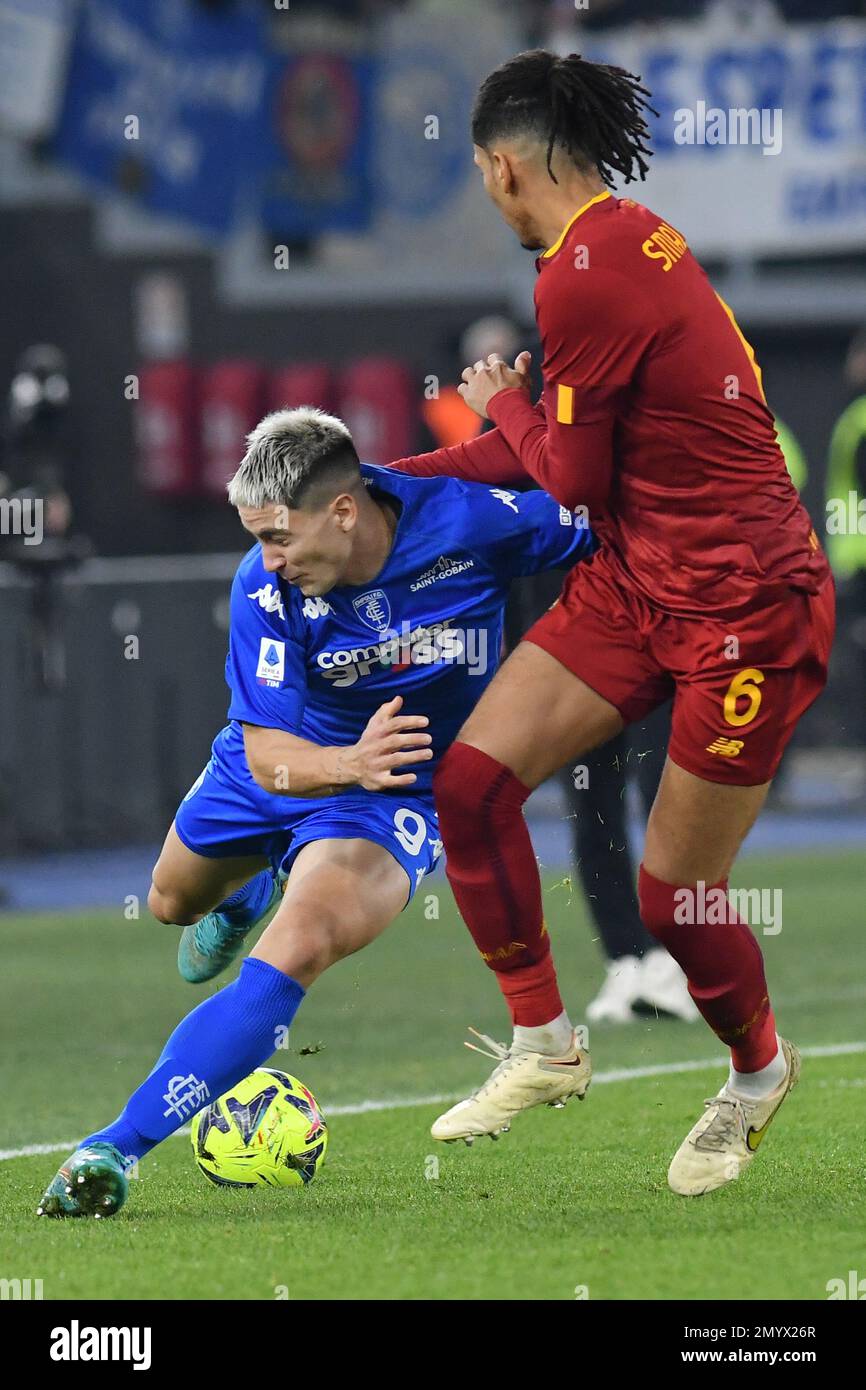 Stadio Olimpico, Rome, Italy. 4th Feb, 2023. Serie A football; Roma versus Empoli; Martin Satriano of Empoli challenged by Chris Smalling of AS Roma Credit: Action Plus Sports/Alamy Live News Stock Photo