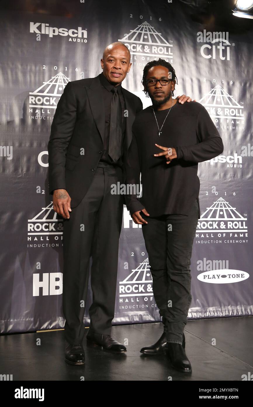 Dr. Dre of N.W.A, left, and Kendrick Lamar pose in the press room at the  31st Annual Rock and Roll Hall of Fame Induction Ceremony at the Barclays  Center on Friday, April