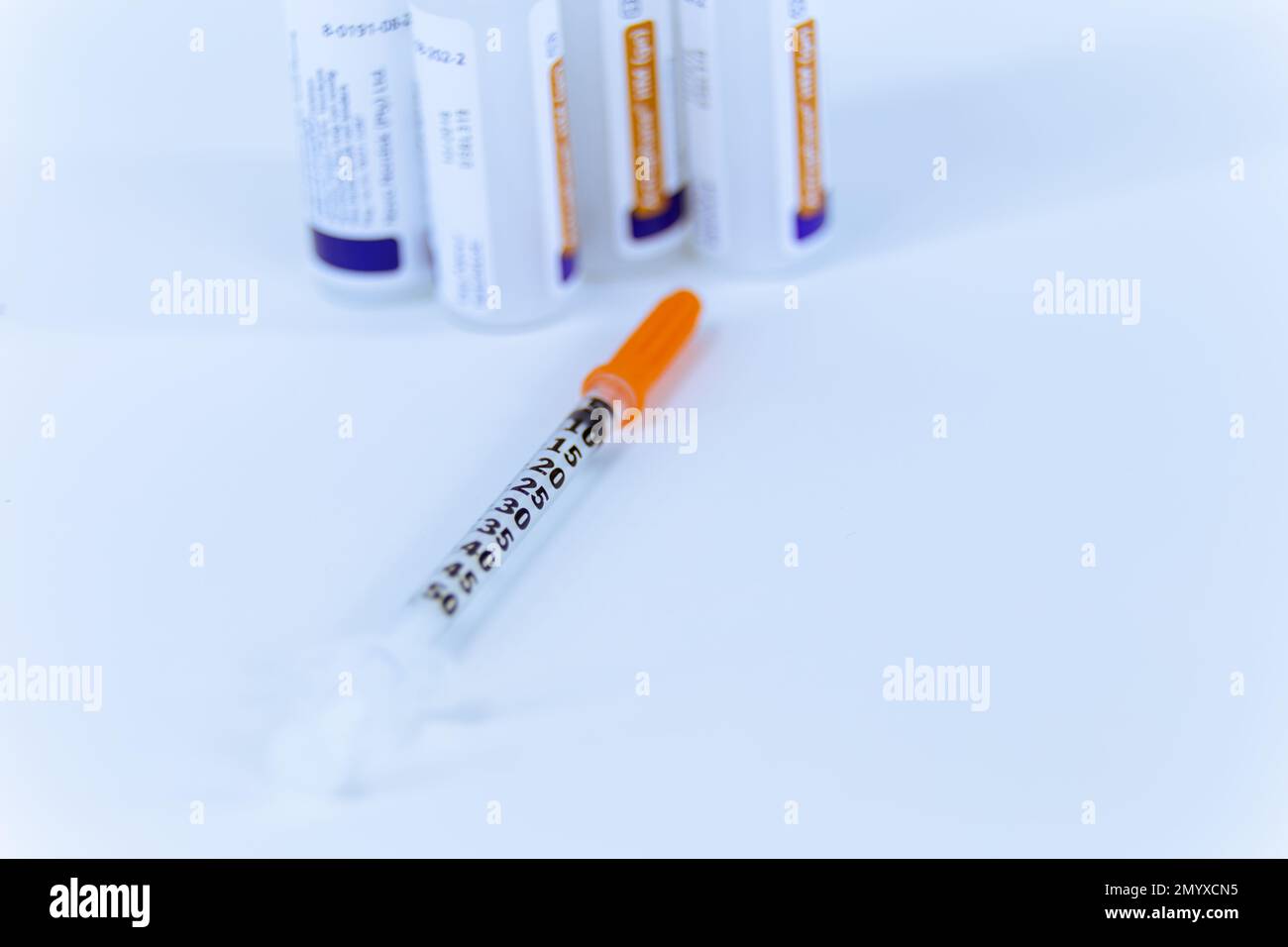 Syringe and vials for blood sugar selftesting for diabetes Stock Photo