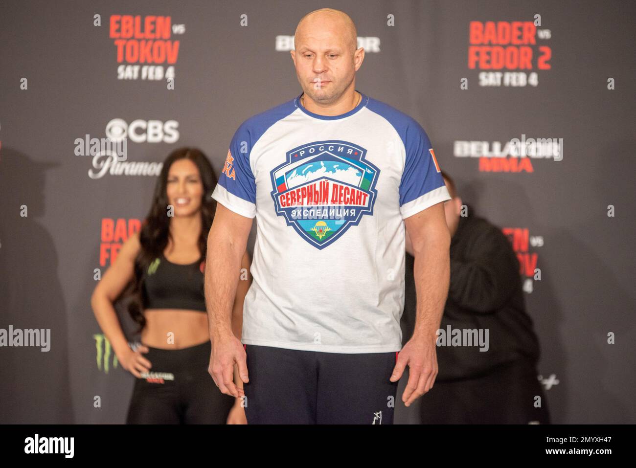 Los Angeles, California - February 3nd: Fedor Emelianenko weighs in at 236.2lb ahead of his Heavyweight Title fight at Bellator 290 Bader vs Fedor 2 at The Forum on February 4th, 2023 in Los Angeles, California, United States. (Photo by Matt Davies) Credit: Px Images/Alamy Live News Stock Photo
