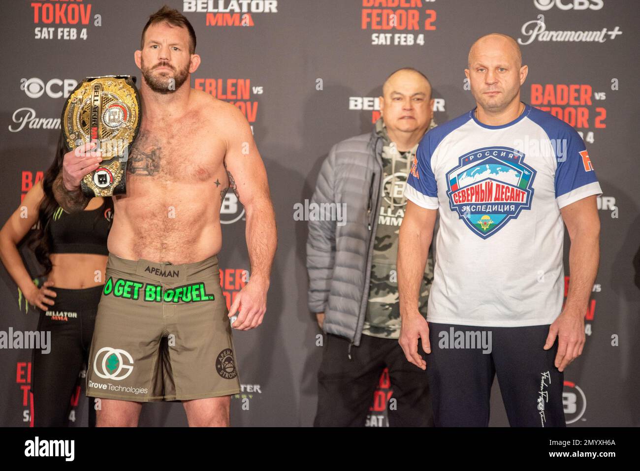 Los Angeles, California - February 3nd: Ryan Bader and Fedor Emelianenko Face Off ahead of their Heavyweight Title fight at Bellator 290 Bader vs Fedor 2 at The Forum on February 4th, 2023 in Los Angeles, California, United States. (Photo by Matt Davies) Credit: Px Images/Alamy Live News Stock Photo