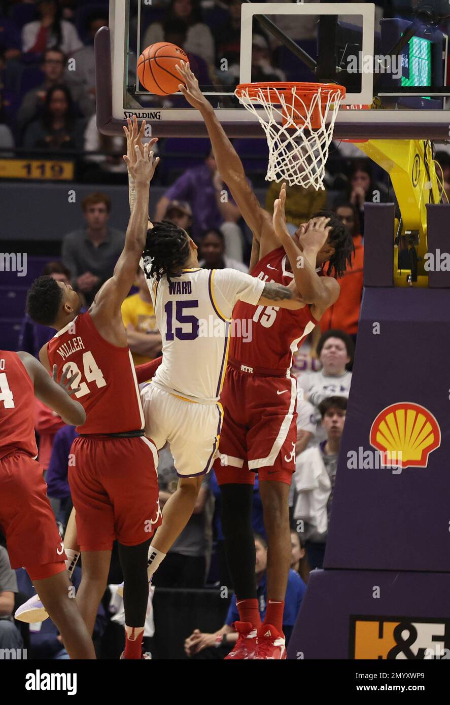 Baton Rouge, USA. 04th Feb, 2023. Alabama Crimson Tide forward Noah Clowney (15) blocks LSU Tigers forward Tyrell Ward (15) shot during a men's college basketball game at the Pete Maravich Assembly Center in Baton Rouge, Louisiana on Saturday, February 4, 2023. (Photo by Peter G. Forest/Sipa USA) Credit: Sipa USA/Alamy Live News Stock Photo