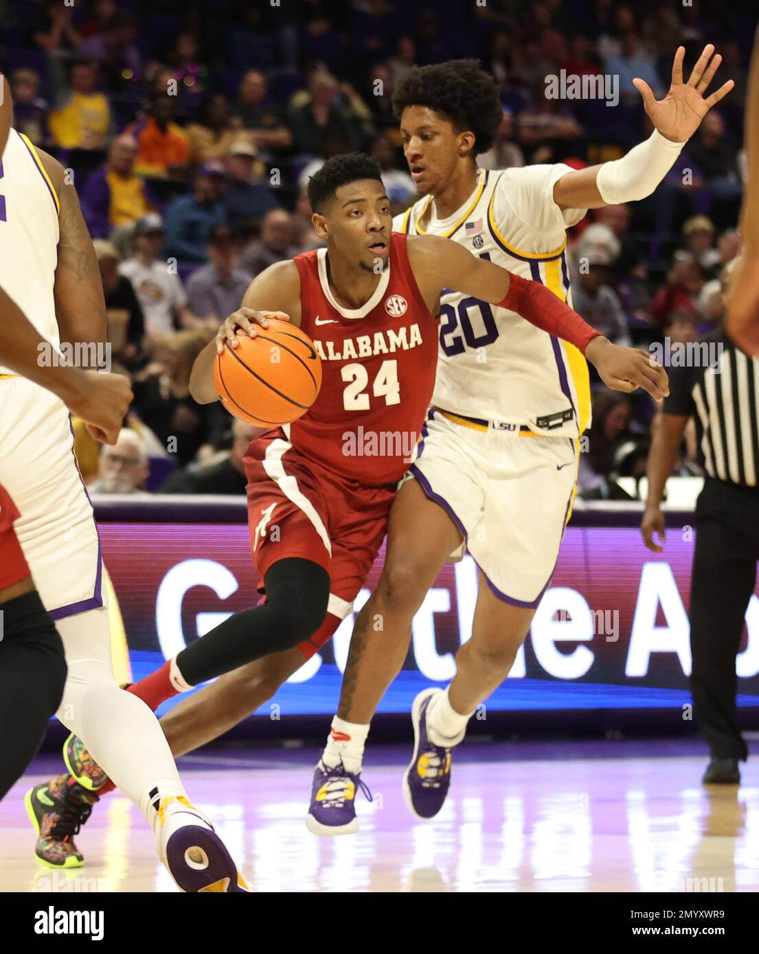 Baton Rouge, USA. 04th Feb, 2023. Alabama Crimson Tide forward Brandon Miller (24) tries to drive past LSU Tigers forward Derek Fountain (20) during a men's college basketball game at the Pete Maravich Assembly Center in Baton Rouge, Louisiana on Saturday, February 4, 2023. (Photo by Peter G. Forest/Sipa USA) Credit: Sipa USA/Alamy Live News Stock Photo