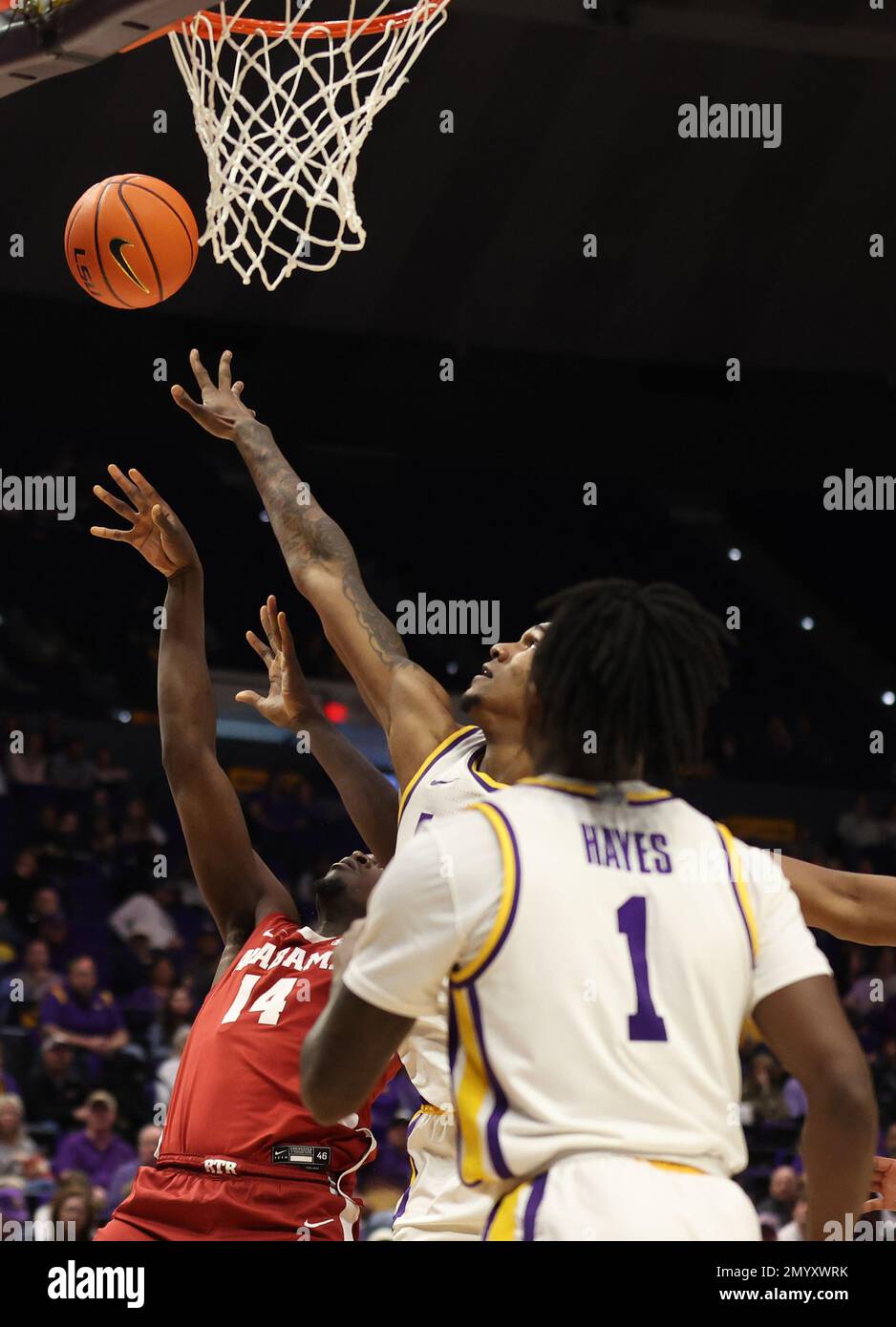 Baton Rouge, USA. 04th Feb, 2023. LSU Tigers forward Shawn Phillips Jr. (34) blocks Alabama Crimson Tide center Charles Bediako (14) shot during a men's college basketball game at the Pete Maravich Assembly Center in Baton Rouge, Louisiana on Saturday, February 4, 2023. (Photo by Peter G. Forest/Sipa USA) Credit: Sipa USA/Alamy Live News Stock Photo