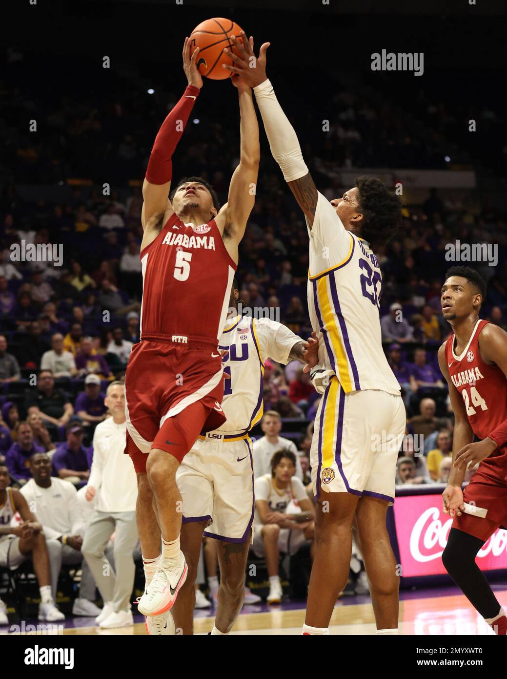 Baton Rouge, USA. 04th Feb, 2023. LSU Tigers forward Derek Fountain (20) blocks Alabama Crimson Tide guard Jahvon Quinerly (5) shot during a men's college basketball game at the Pete Maravich Assembly Center in Baton Rouge, Louisiana on Saturday, February 4, 2023. (Photo by Peter G. Forest/Sipa USA) Credit: Sipa USA/Alamy Live News Stock Photo