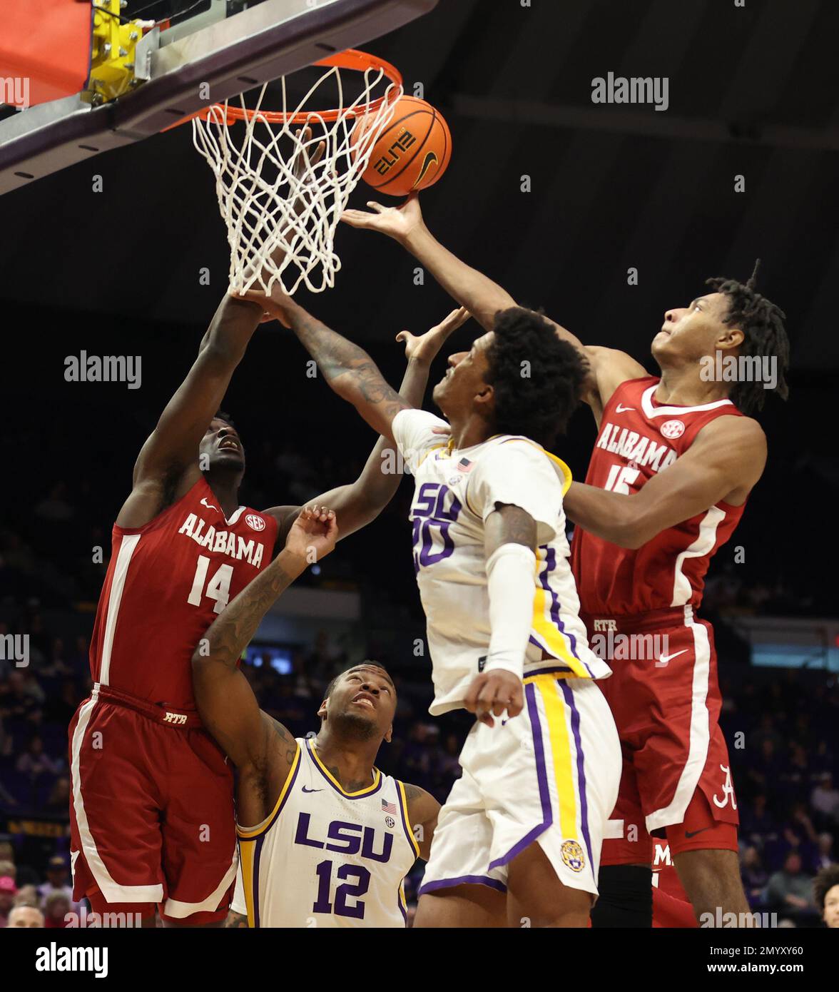 Baton Rouge, USA. 04th Feb, 2023. Alabama Crimson Tide forward Noah Clowney (15) reaches for an offensive rebound during a men's college basketball game at the Pete Maravich Assembly Center in Baton Rouge, Louisiana on Saturday, February 4, 2023. (Photo by Peter G. Forest/Sipa USA) Credit: Sipa USA/Alamy Live News Stock Photo