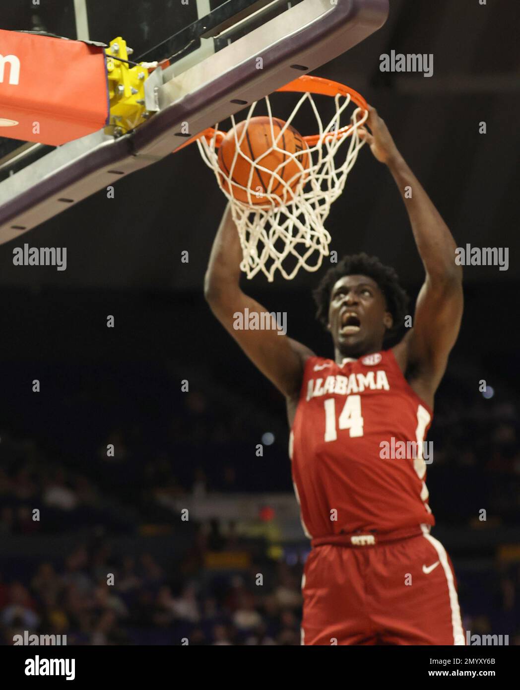 Baton Rouge, USA. 04th Feb, 2023. Alabama Crimson Tide center Charles Bediako (14) throws down a dunk during a men's college basketball game at the Pete Maravich Assembly Center in Baton Rouge, Louisiana on Saturday, February 4, 2023. (Photo by Peter G. Forest/Sipa USA) Credit: Sipa USA/Alamy Live News Stock Photo
