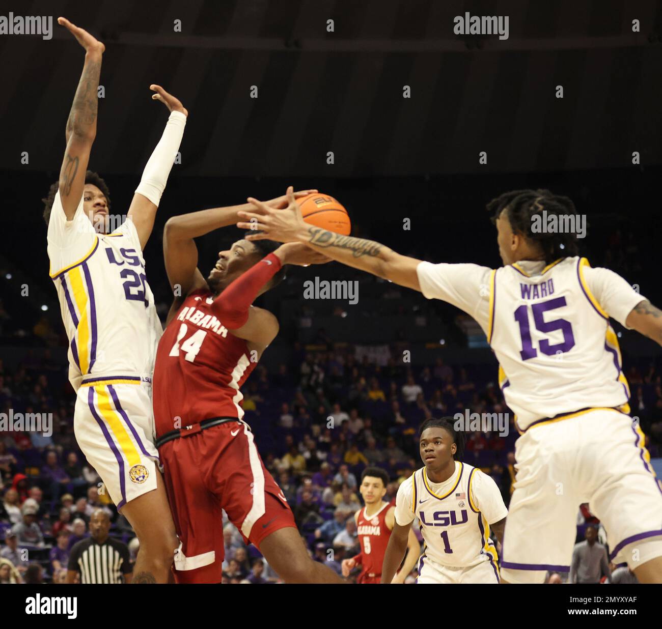 Baton Rouge, USA. 04th Feb, 2023. LSU Tigers forward Tyrell Ward (15) blocks Alabama Crimson Tide forward Brandon Miller (24) shot during a men's college basketball game at the Pete Maravich Assembly Center in Baton Rouge, Louisiana on Saturday, February 4, 2023. (Photo by Peter G. Forest/Sipa USA) Credit: Sipa USA/Alamy Live News Stock Photo