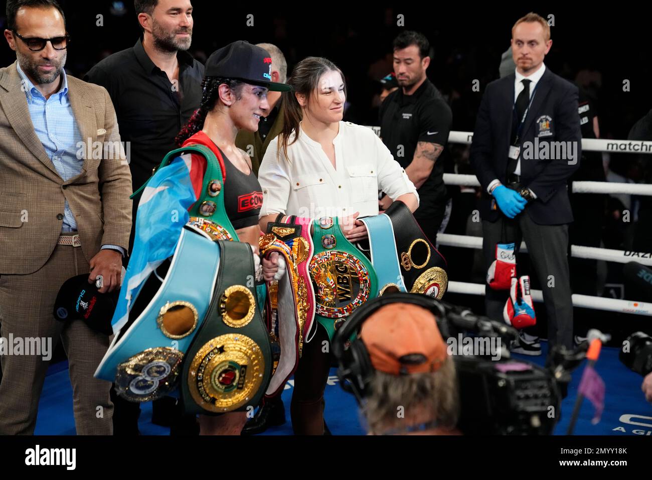 Ireland's Katie Taylor, right, poses with Puerto Rico's Amanda Serrano, left, after Serrano won a women's featherweight championship boxing bout against Mexico's Erika Cruz Hernandez Saturday, Feb. 4, 2023 in New York. Taylor will fight Serrano Saturday May 20, 2023 in Ireland. (AP Photo/Frank Franklin II) Stock Photo