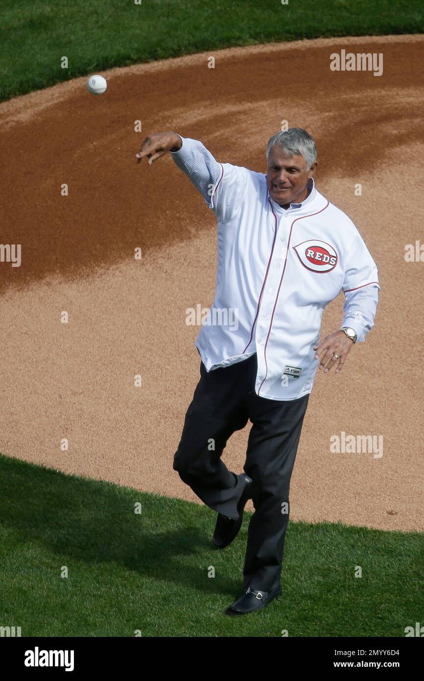 Former professional baseball player and Cincinnati Reds manager Lou  Piniella throws out the ceremonial first pitch during an opening day  baseball game between the Reds and Philadelphia Phillies, Monday, April 4,  2016,