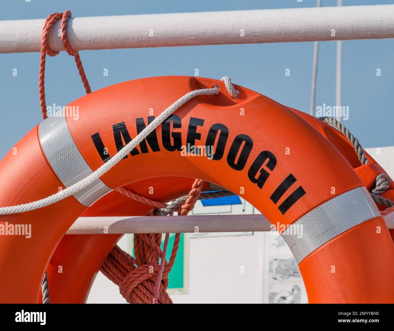 Lifebuoy on the ferry between Bensersiel and Langeoog, East Frisian Island, Lower Saxony, Germany Stock Photo