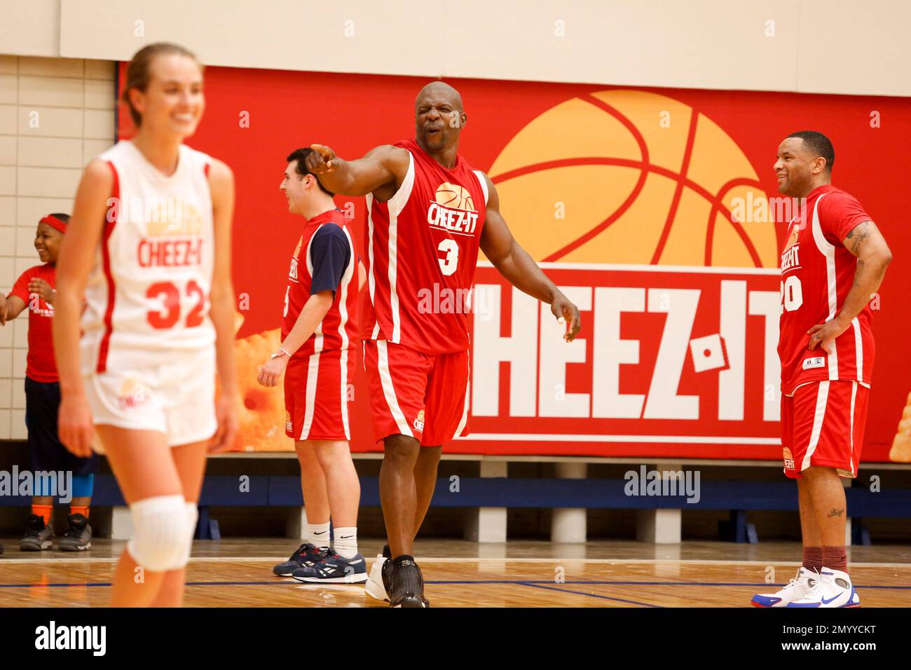 IMAGE DISTRIBUTED FOR KELLOGG'S - Terry Crews goofs off on the court  Sunday, April 3, 2016 in Houston at "Munch Mania". Kellogg's Cheez-It brand  has launched a college basketball promotion called "Munch