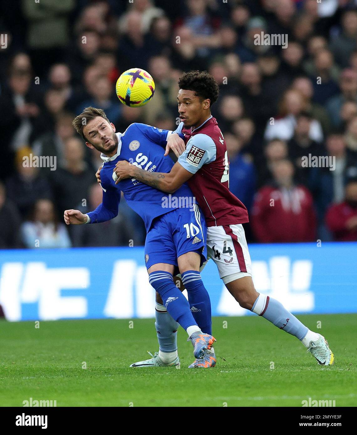 Birmingham, England, 4th February 2023. Boubacar Kamara of Aston Villa with James Maddison of Leicester City during the Premier League match at Villa Park, Birmingham. Picture credit should read: David Klein / Sportimage Stock Photo