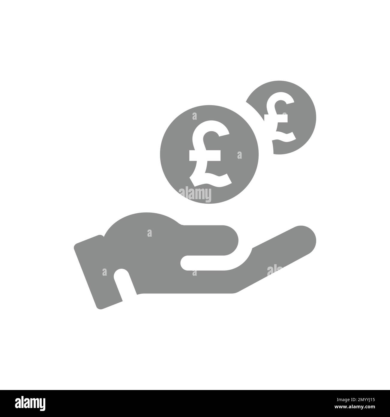 Human hand and money dropping British pound coin icon. Savings and payment concept vector fill symbol. Stock Vector