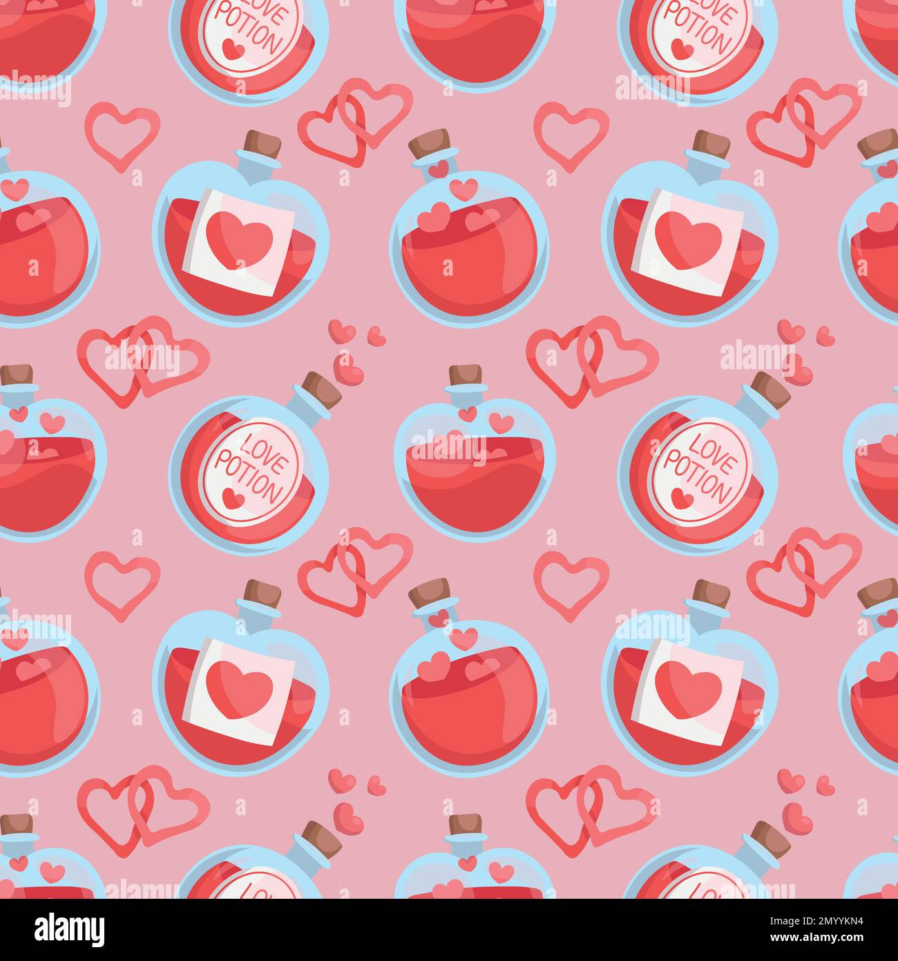 Colorful repetitive pattern background of love and relationship, Valentine's day related love potions, made of simple vector illustrations. Stock Vector