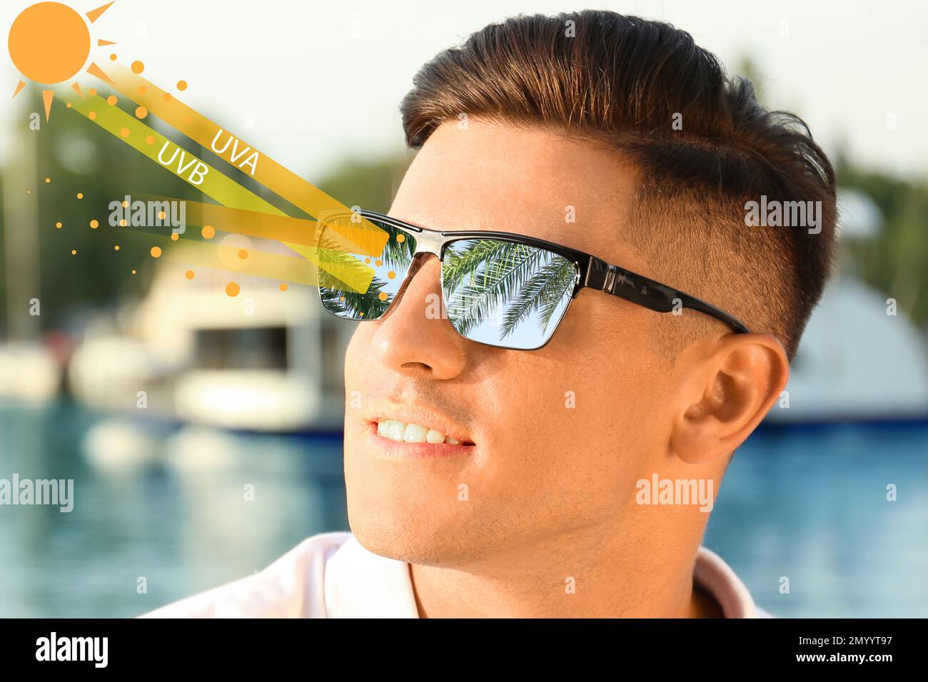 Man wearing sunglasses outdoors, closeup. UVA and UVB rays reflected by lenses, illustration Stock Photo