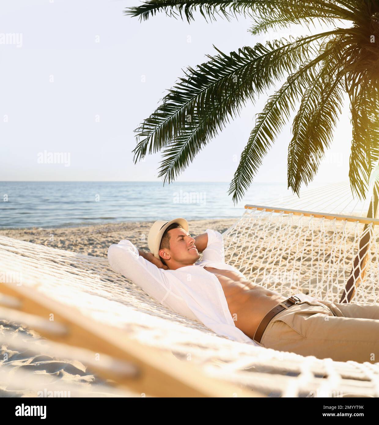 Man relaxing in hammock under green palm leaves on sunlit beach Stock ...