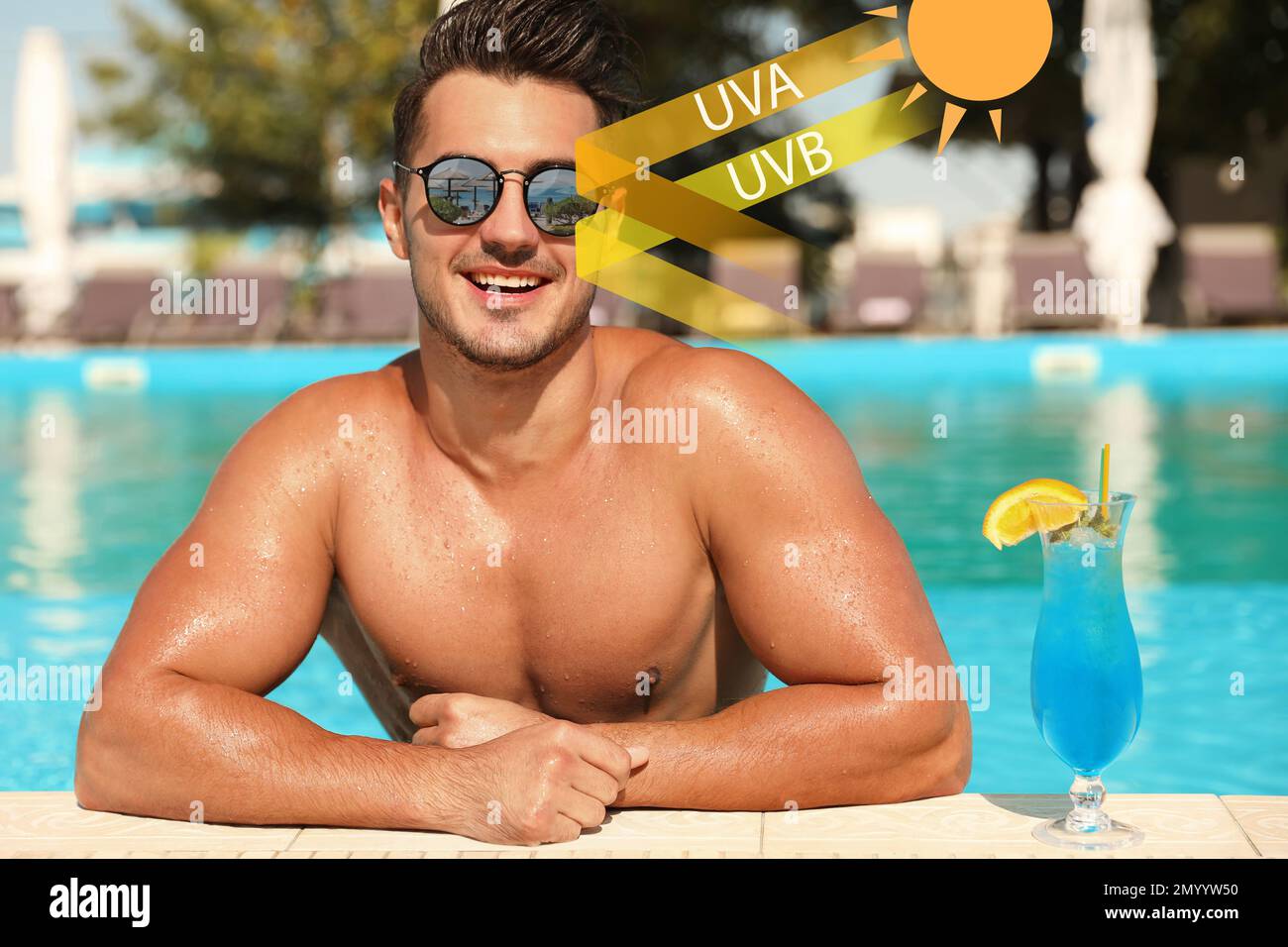 Man wearing sunglasses in outdoor swimming pool. UVA and UVB rays