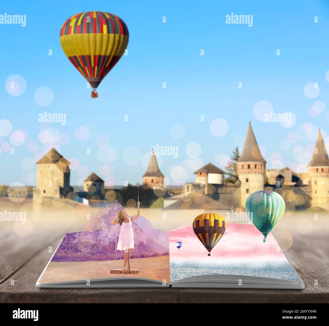 Fantasy worlds in fairytales. Book, hot air balloons and enchanted
