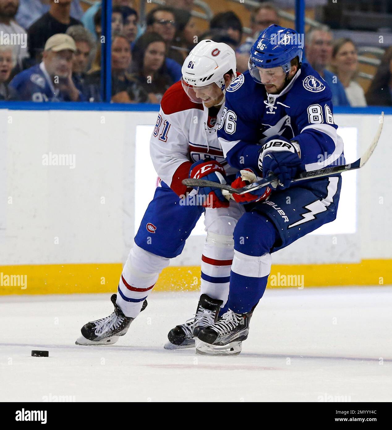 Montreal Canadiens' Lars Eller (81), of Denmark, and Tampa Bay