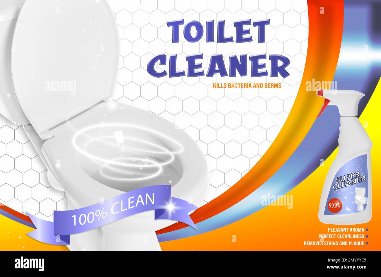 Toilet cleaner and shiny unstained bowl, ad design Stock Photo Alamy