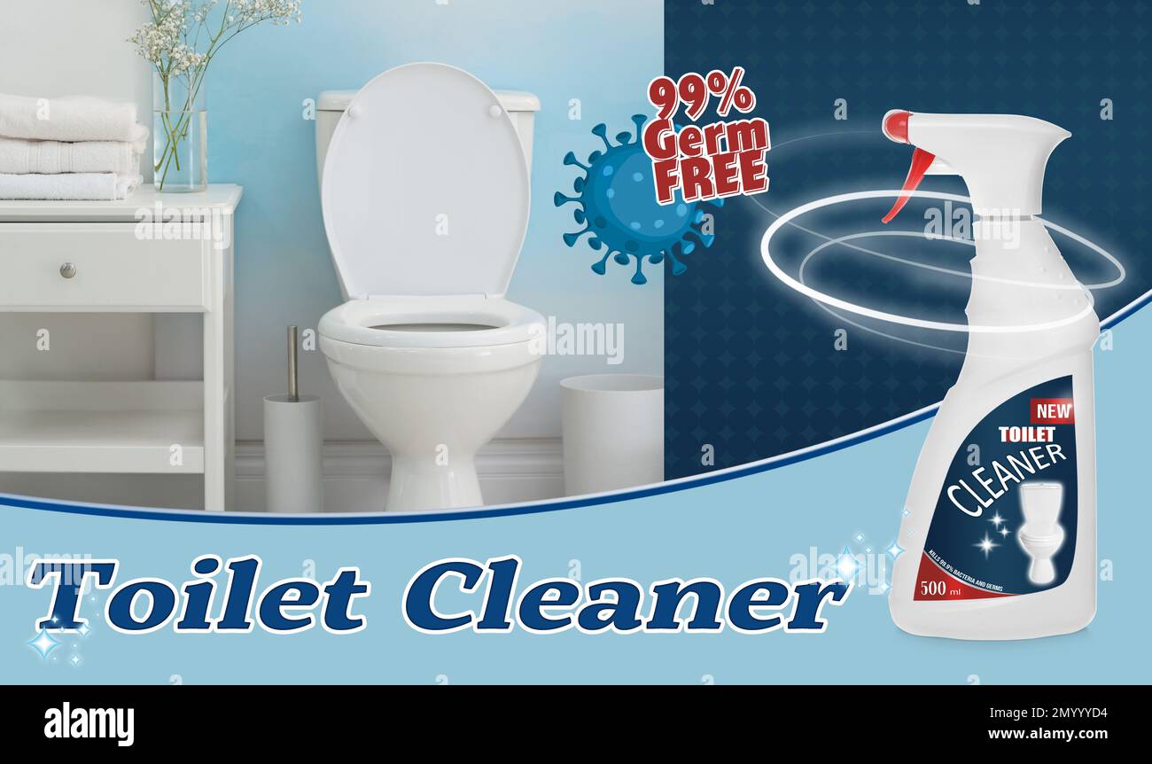 Toilet cleaner and shiny unstained bowl, ad design Stock Photo Alamy