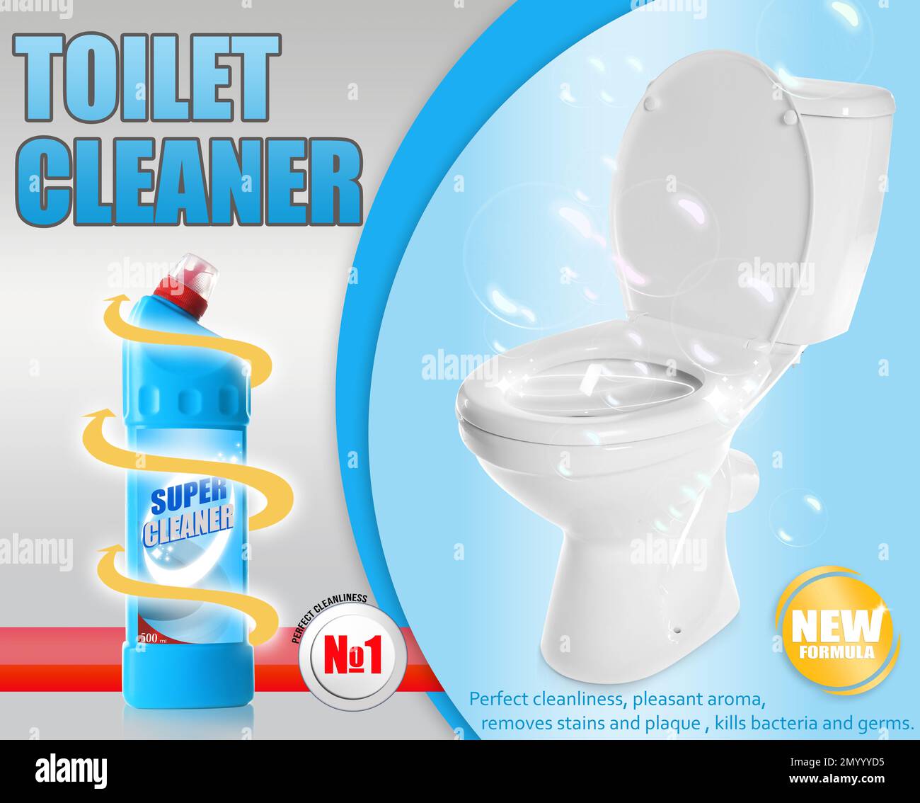 Toilet cleaner and shiny unstained bowl, ad design Stock Photo Alamy