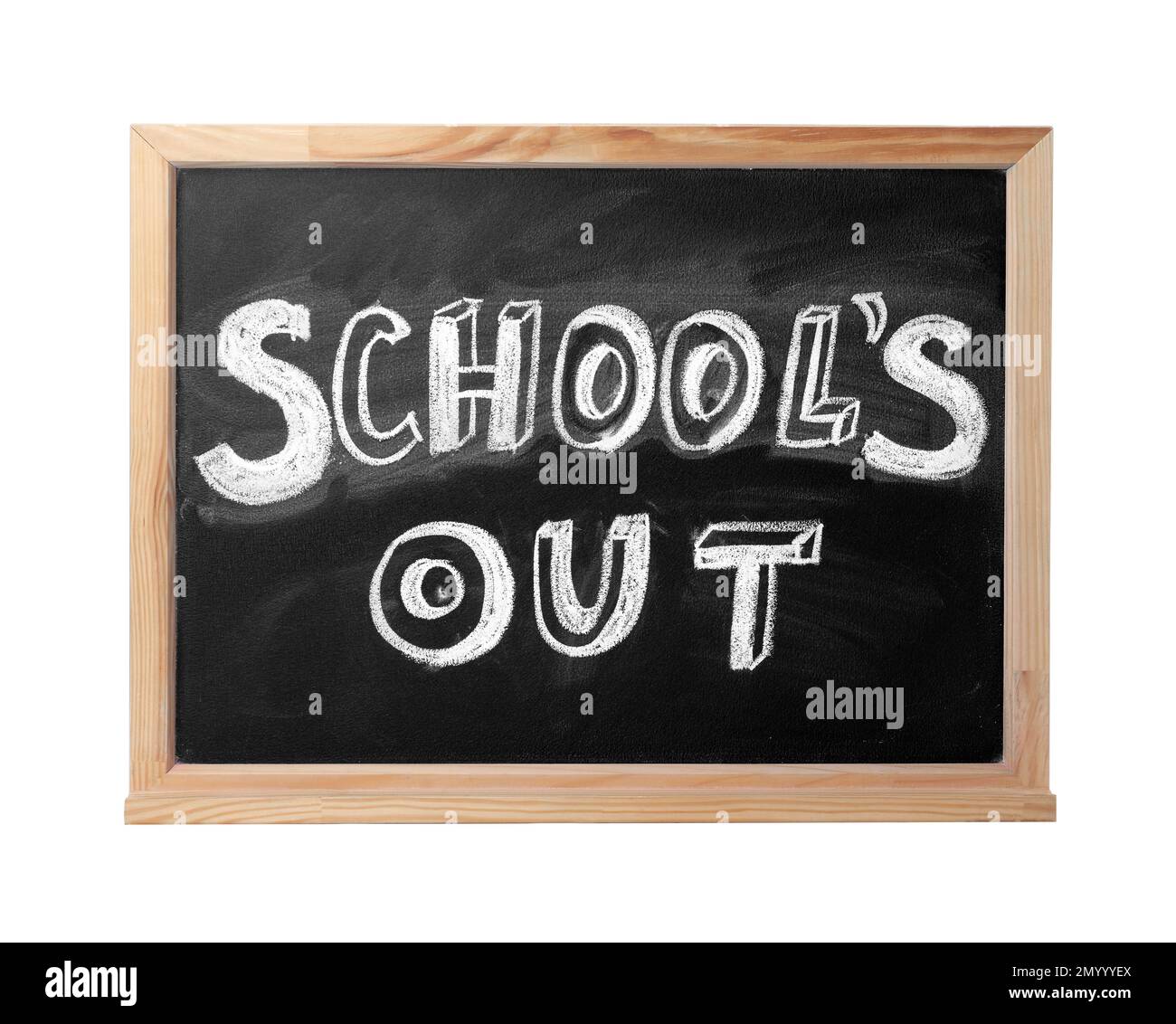Chalkboard with text School's Out isolated on white. Summer holidays