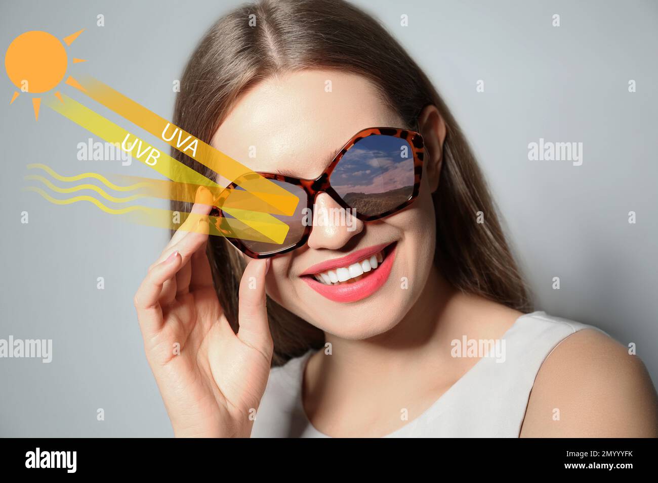 Woman wearing sunglasses, closeup. UVA and UVB rays reflected by lenses, illustration Stock Photo