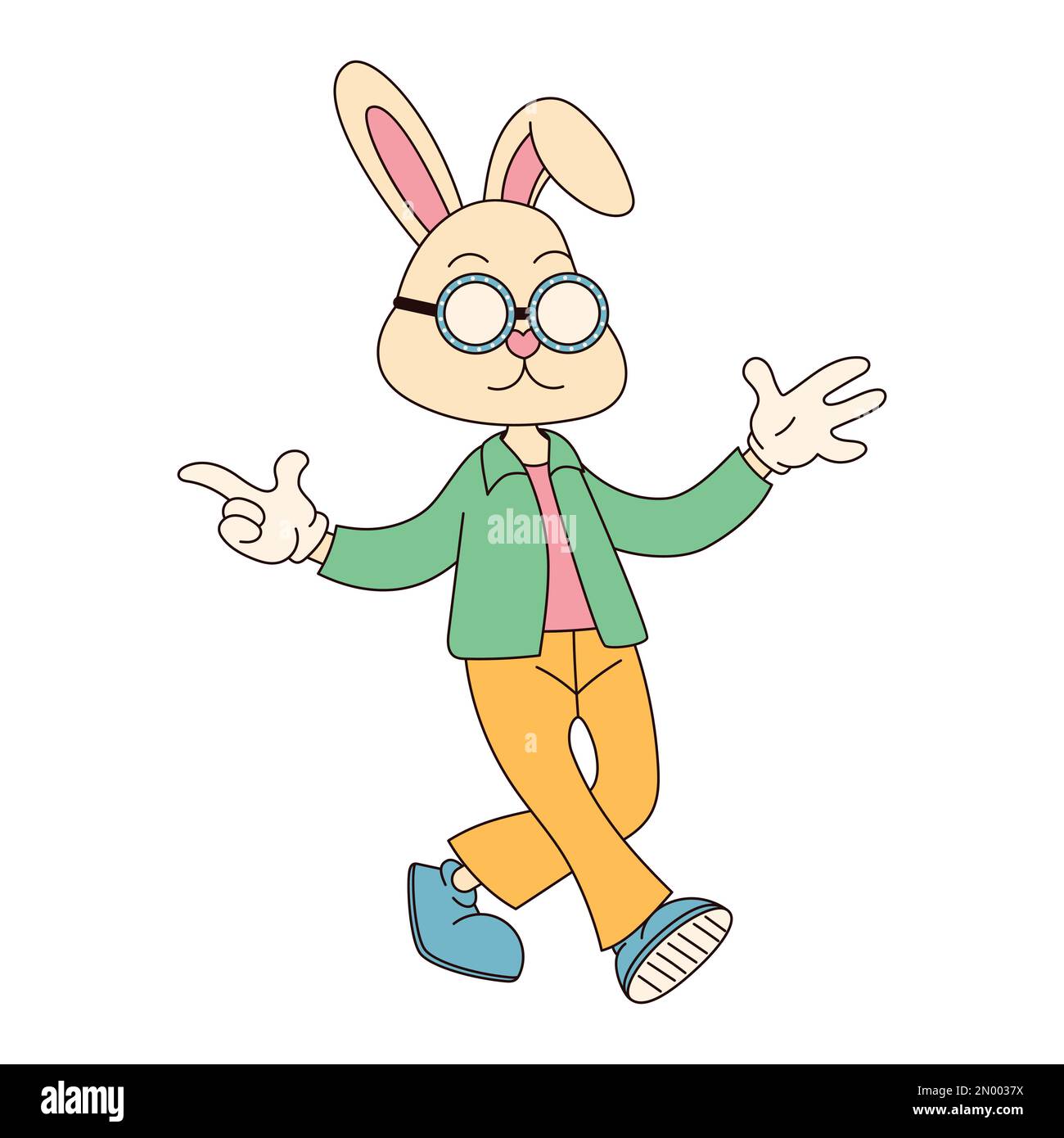 70s Cartoon Rabbit Groovy hippie Happy Easter character. Easter bunny in trendy retro 60s ...