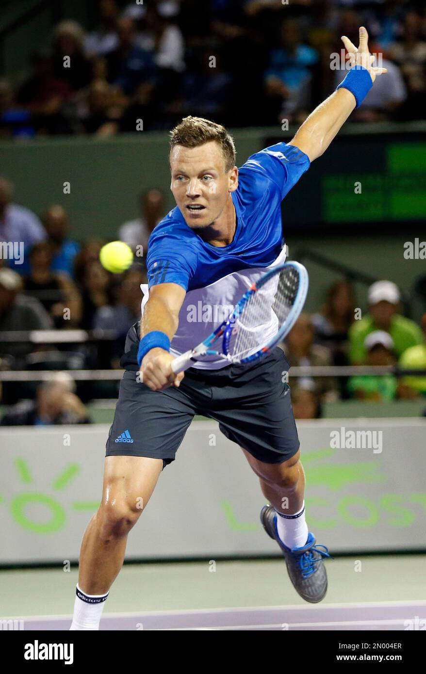 Tomas Berdych, of the Czech Republic, return the ball against Novak  Djokovic, of Serbia, at the Miami Open tennis tournament, in Key Biscayne,  Fla., Wednesday, March 30, 2016. (AP Photo/Joel Auerbach Stock