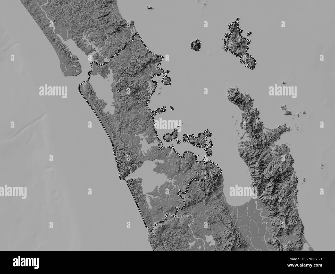 Auckland, regional council of New Zealand. Bilevel elevation map with lakes and rivers Stock Photo