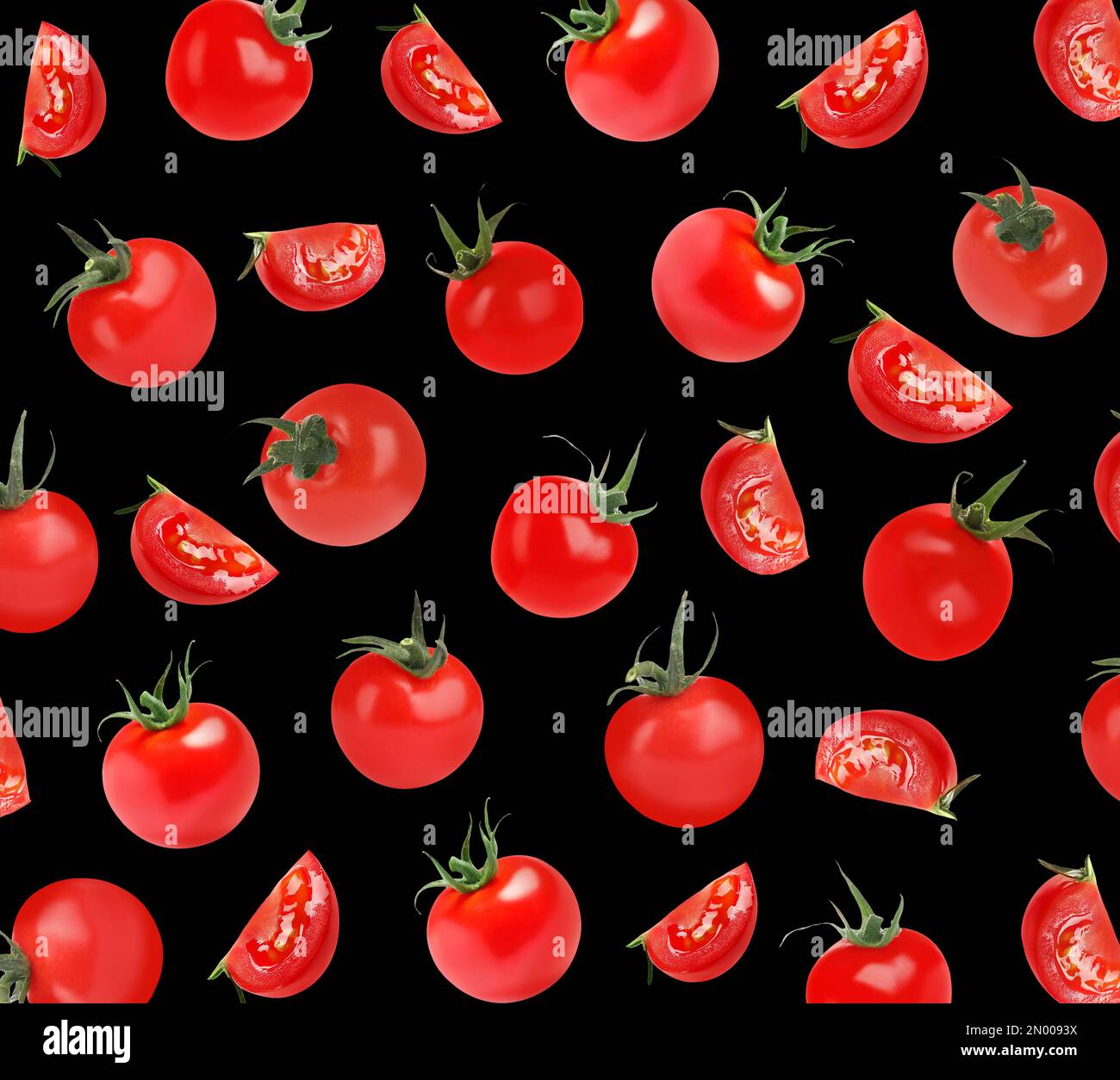 Fresh tomatoes on black background. Pattern design Stock Photo
