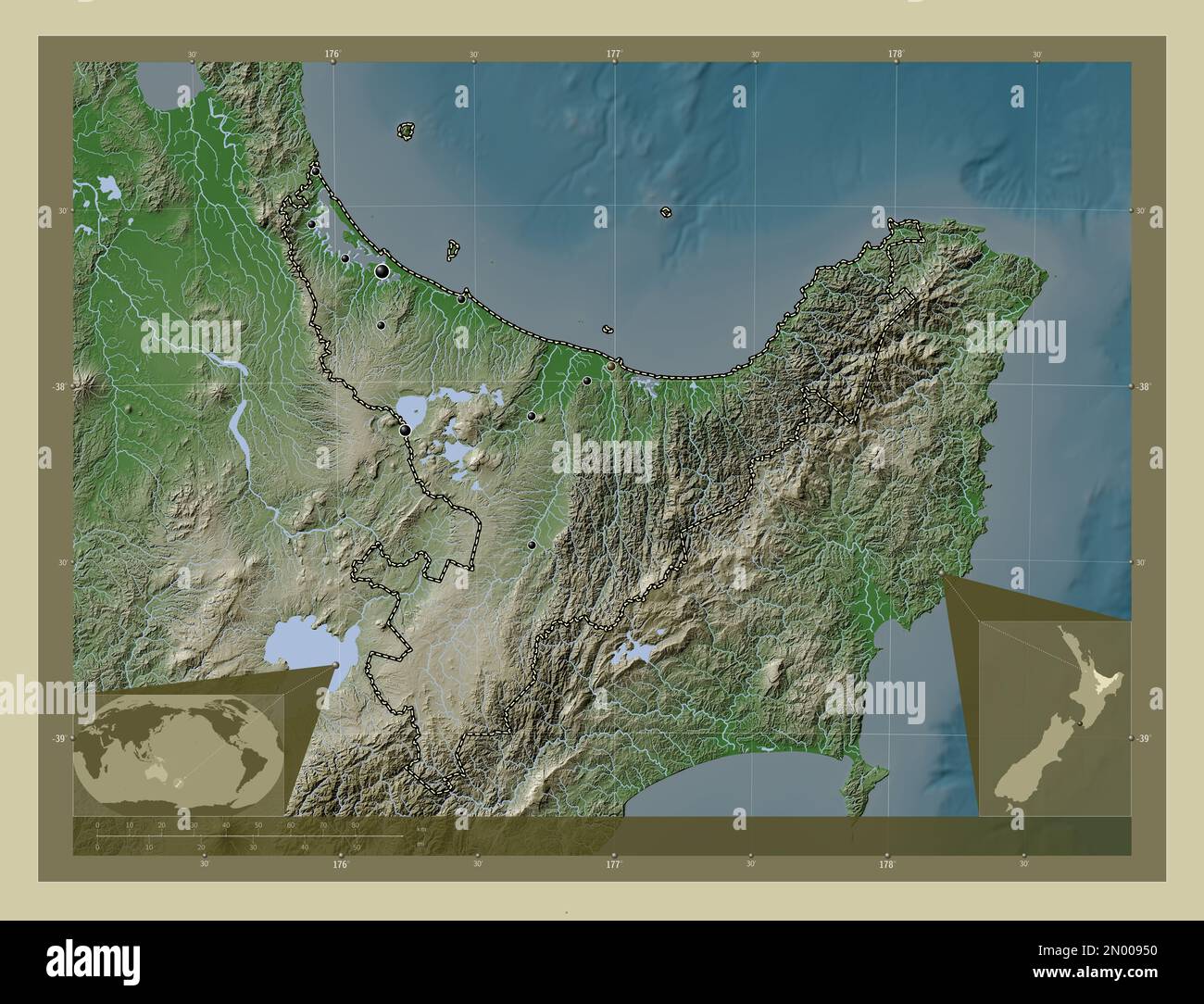 Bay of Plenty, regional council of New Zealand. Elevation map colored in wiki style with lakes and rivers. Locations of major cities of the region. Co Stock Photo