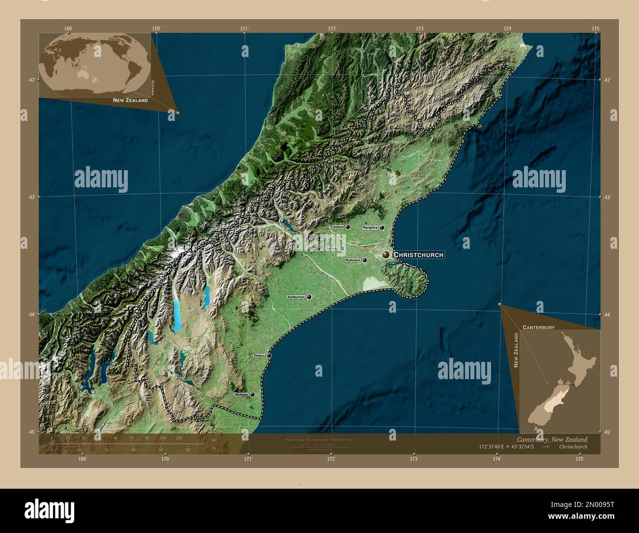 Canterbury, regional council of New Zealand. Low resolution satellite