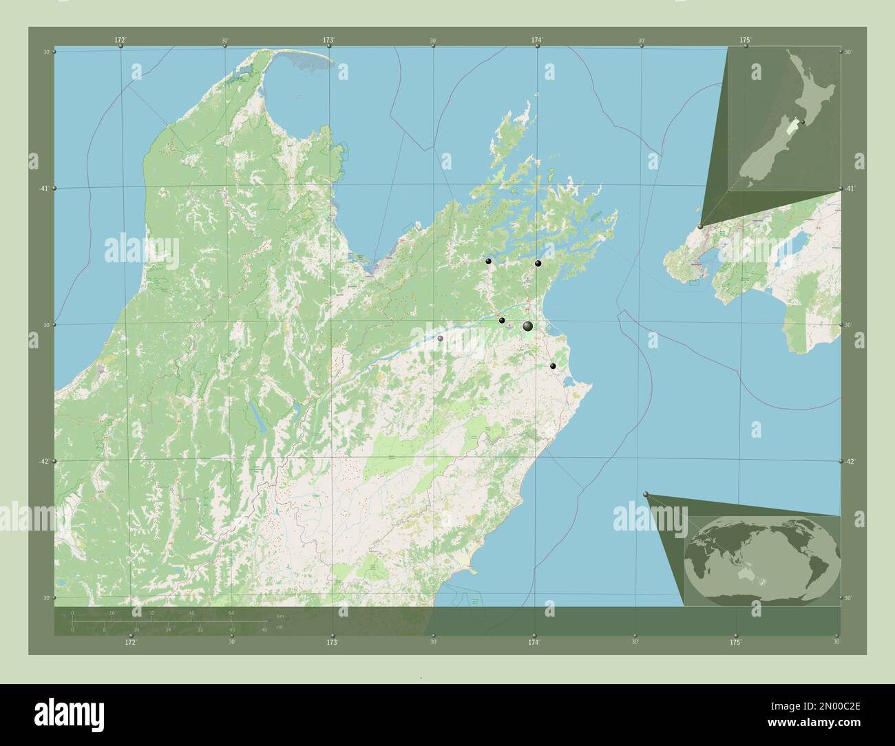 Marlborough, unitary authority of New Zealand. Open Street Map. Locations of major cities of the region. Corner auxiliary location maps Stock Photo